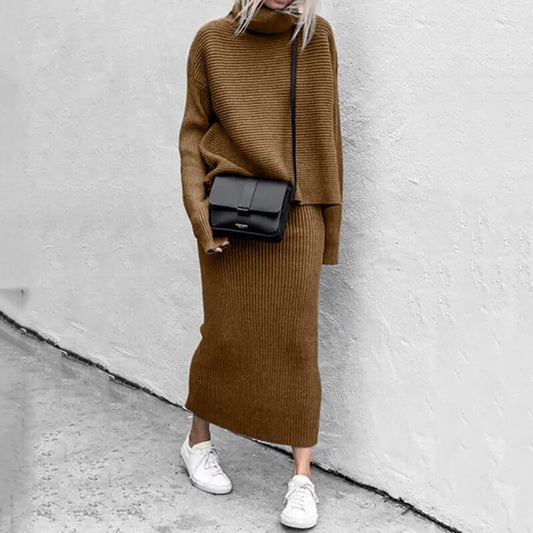 Solid Knitted High Neck Loose Sweater + Matching Knitted Maxi Skirt 2-Piece Set