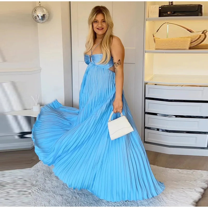 Pleated Halter Spaghetti Strap Backless Sleeveless Beach Maxi Dress