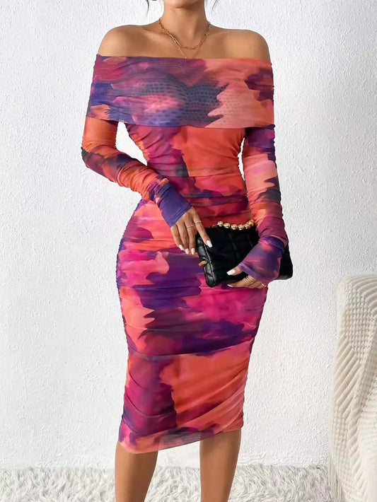 Tie-Dye Long Sleeve Ruched Off-the-Shoulder Bodycon Midi Dress