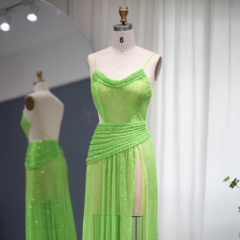 Neon Green Crystal Sheer Mesh Transparent Spaghetti Strap High Slit Mini/Maxi Party Sweep Train Dress