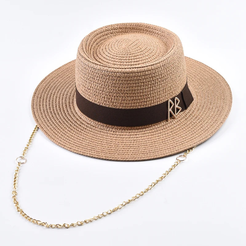 Straw Gold Chain Women's Ribbon Decor Fedora Hat