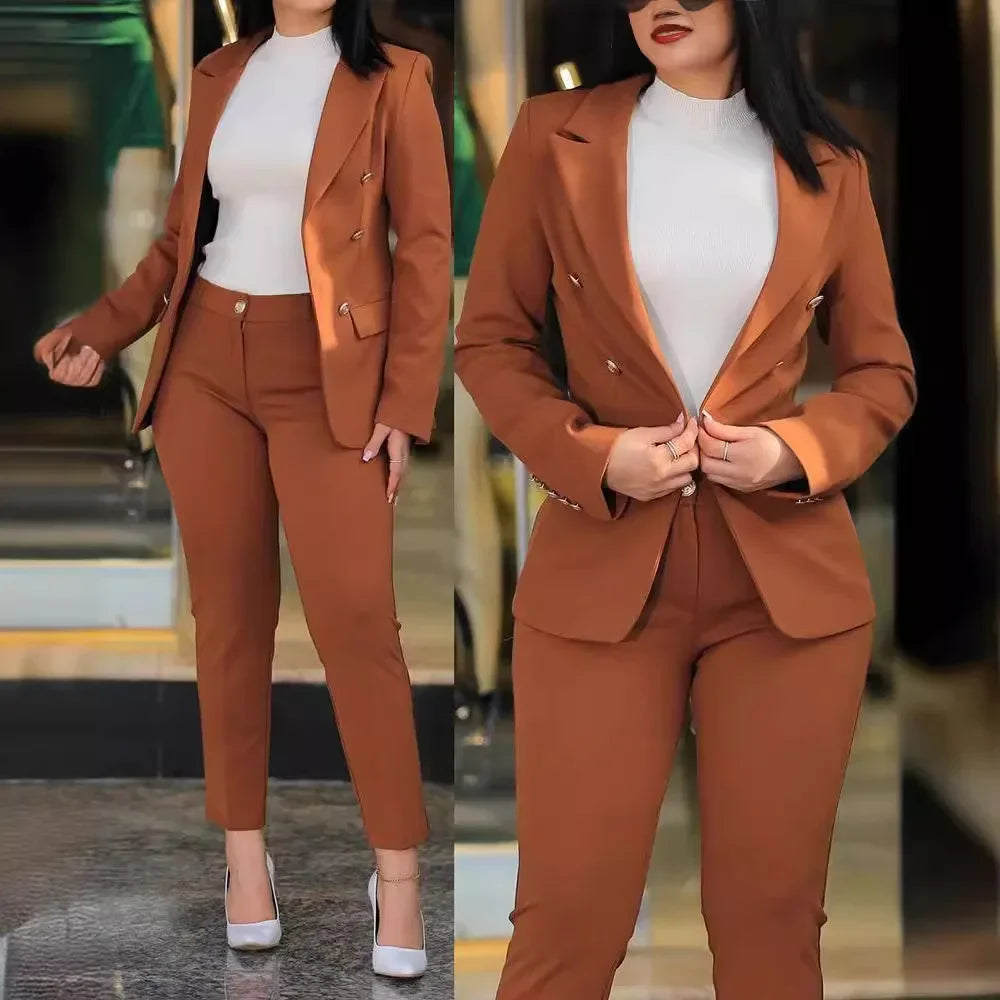 Gold Button Design Women's Solid Color Long Sleeve Blazer Jacket & High Waist Pencil Pants Business Suit