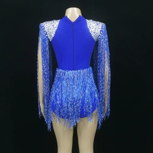 Blue Fringe Tassels Rhinestone Belted Women's Performance Bodysuit Costume