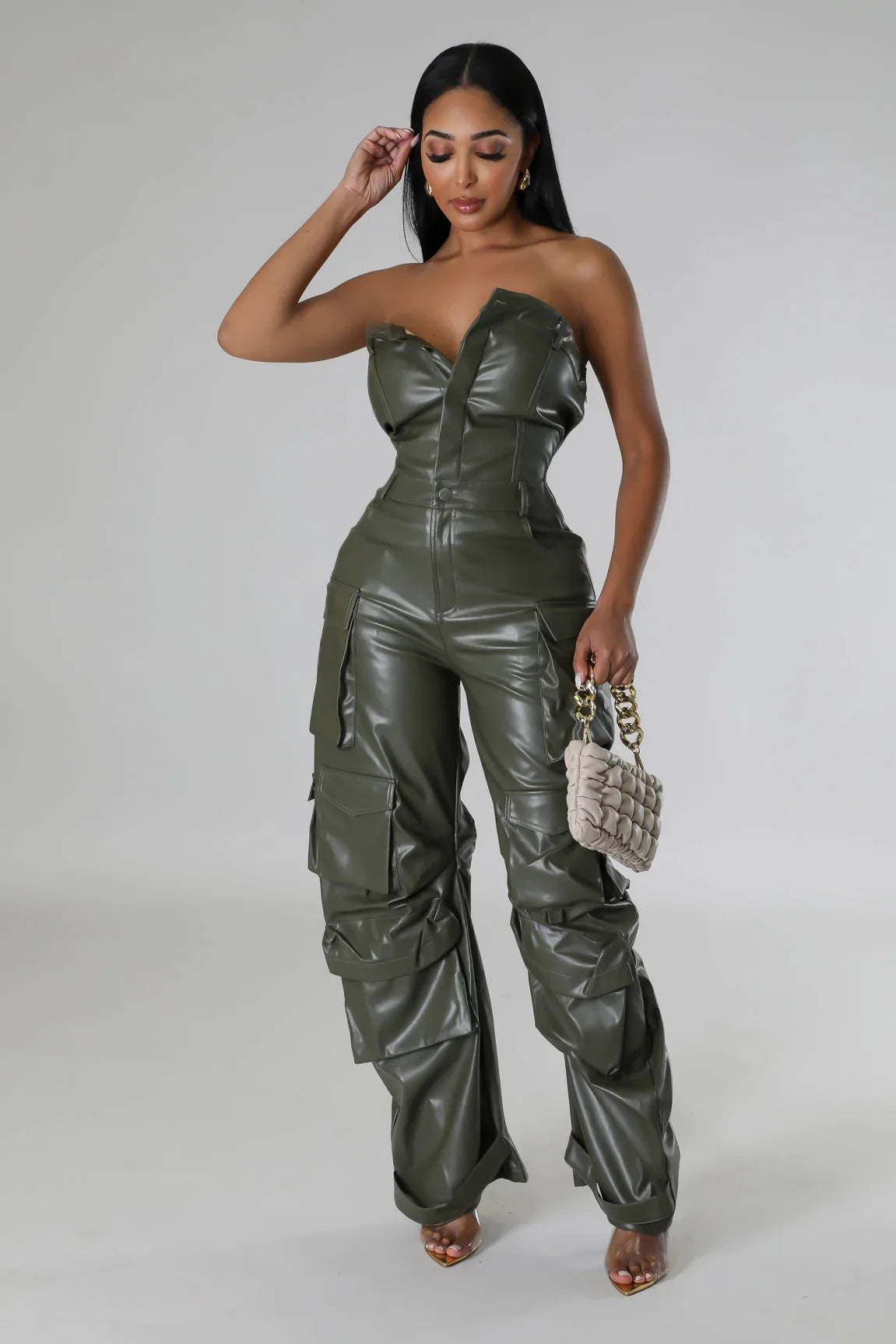 Strapless Sleeveless PU Leather Solid Color Hip-Hop Cargo Multi-Pocketed Women's Tube Top Jumpsuit