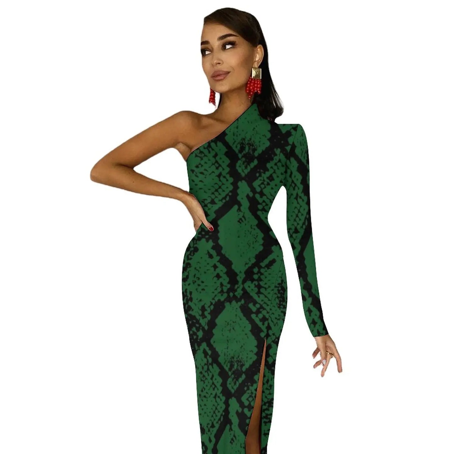 Snake Print/Geometric High Slit One Shoulder Long Sleeve Party Bodycon Maxi Dress