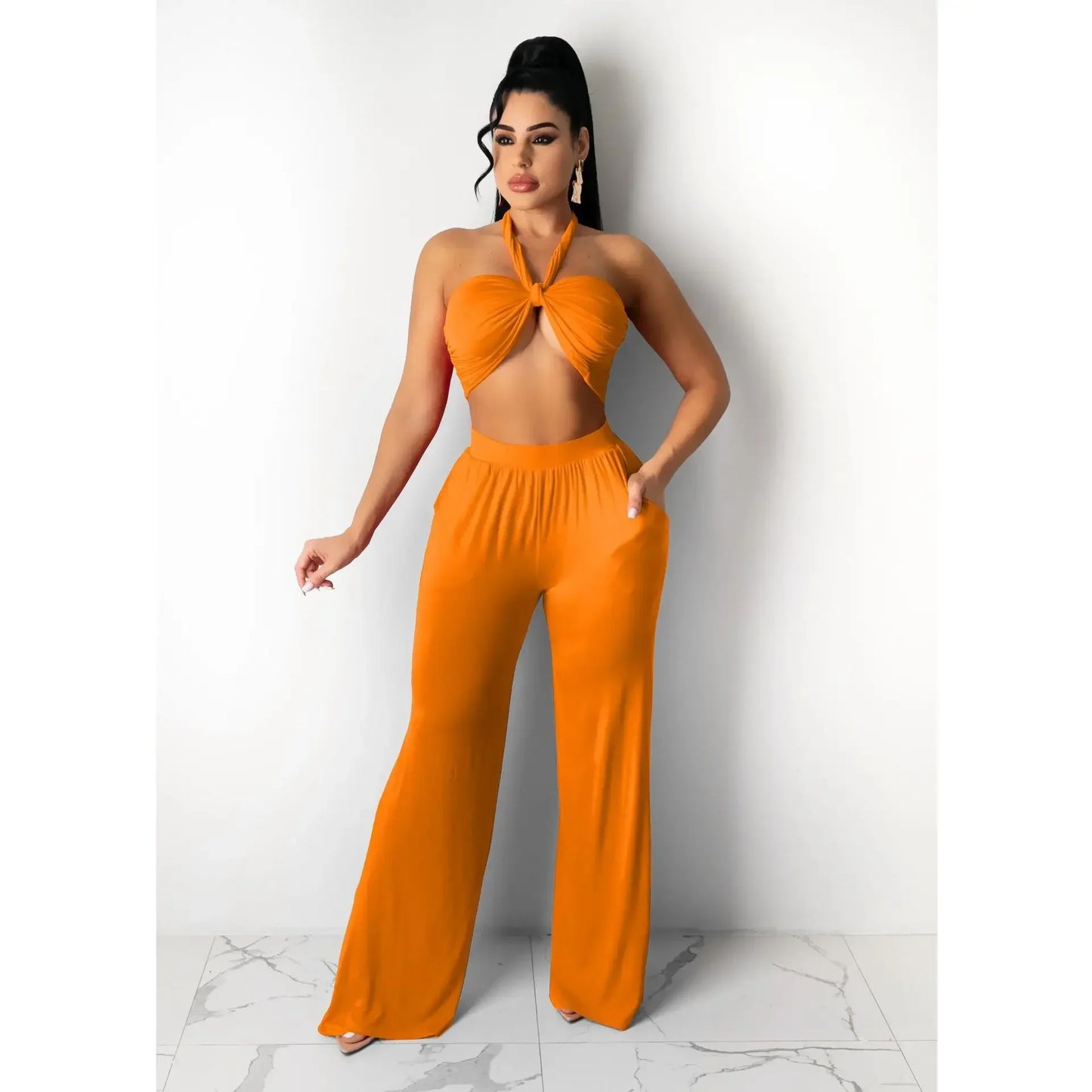 Strapless Hollow-Out  Hatler Neck Crop Top + Leggings Bodycon Solid Color Women's 2-Piece Set