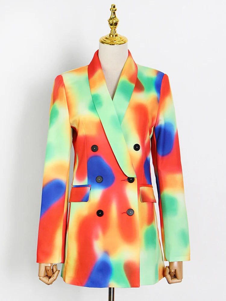 Tie-Dye Notched Collar Double Breasted Long Sleeve Blazer + Harem Pants Women's Suit