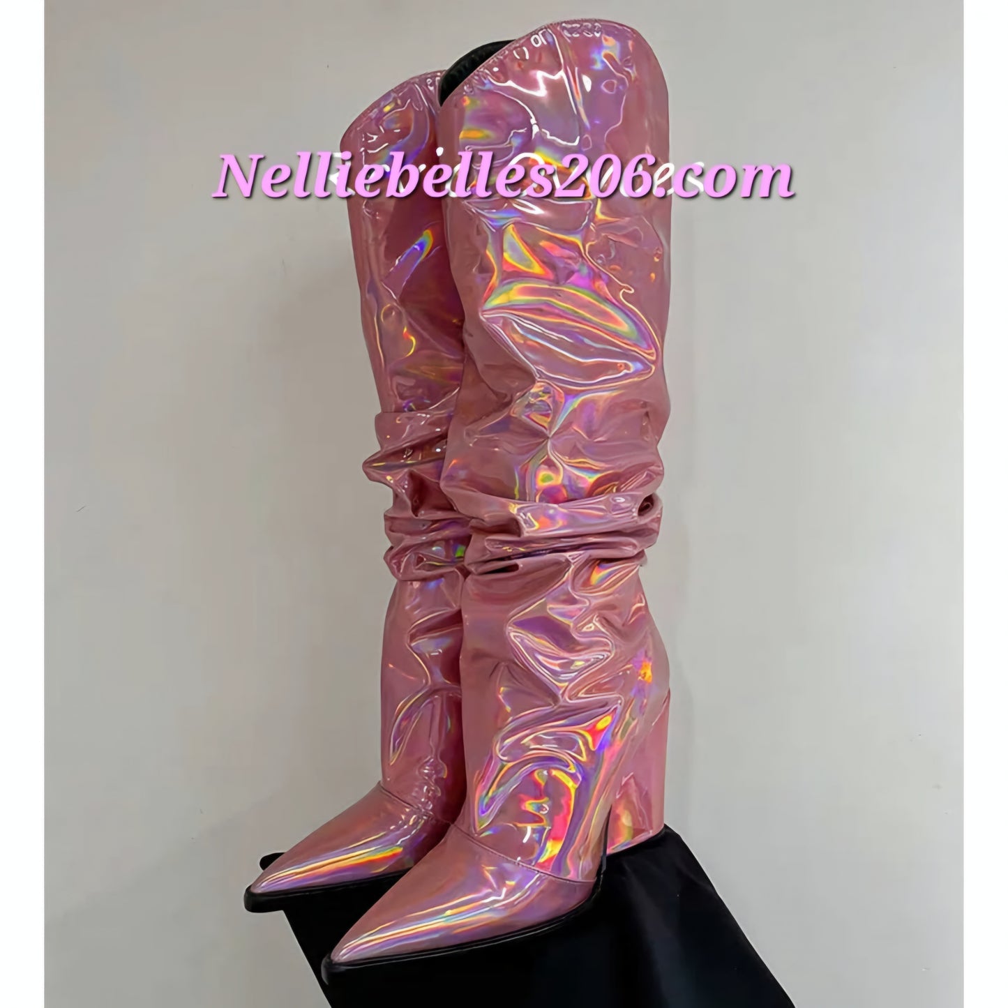 Mirror Ruched Pointed Toe Chunky Heel Shiny Patent Leather Pleated Over-the-Knee  Boots