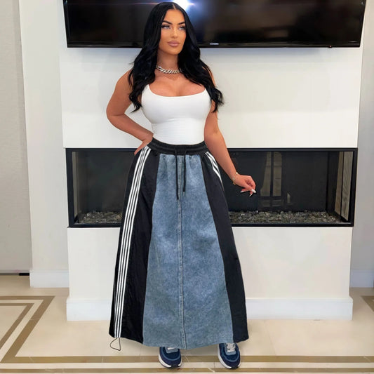 Denim Colorblock Patchwork Side Striped High Waist Streetwear Maxi Jean Skirt