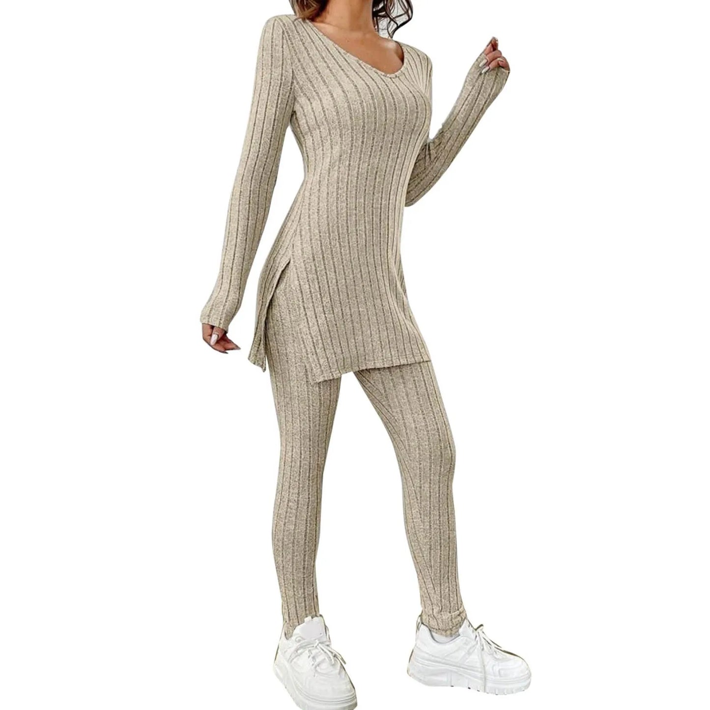Ribbed Knitted Long Sleeve Women's Tunic Shirt + Leggings 2-Piece Set