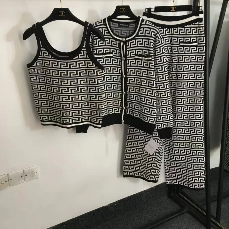 Geometric Colorblock Print Knitted Women's Open Cardigan Sweater + Matching Tank Vest Top + High Waist Wide Leg Pants 3-Piece Set