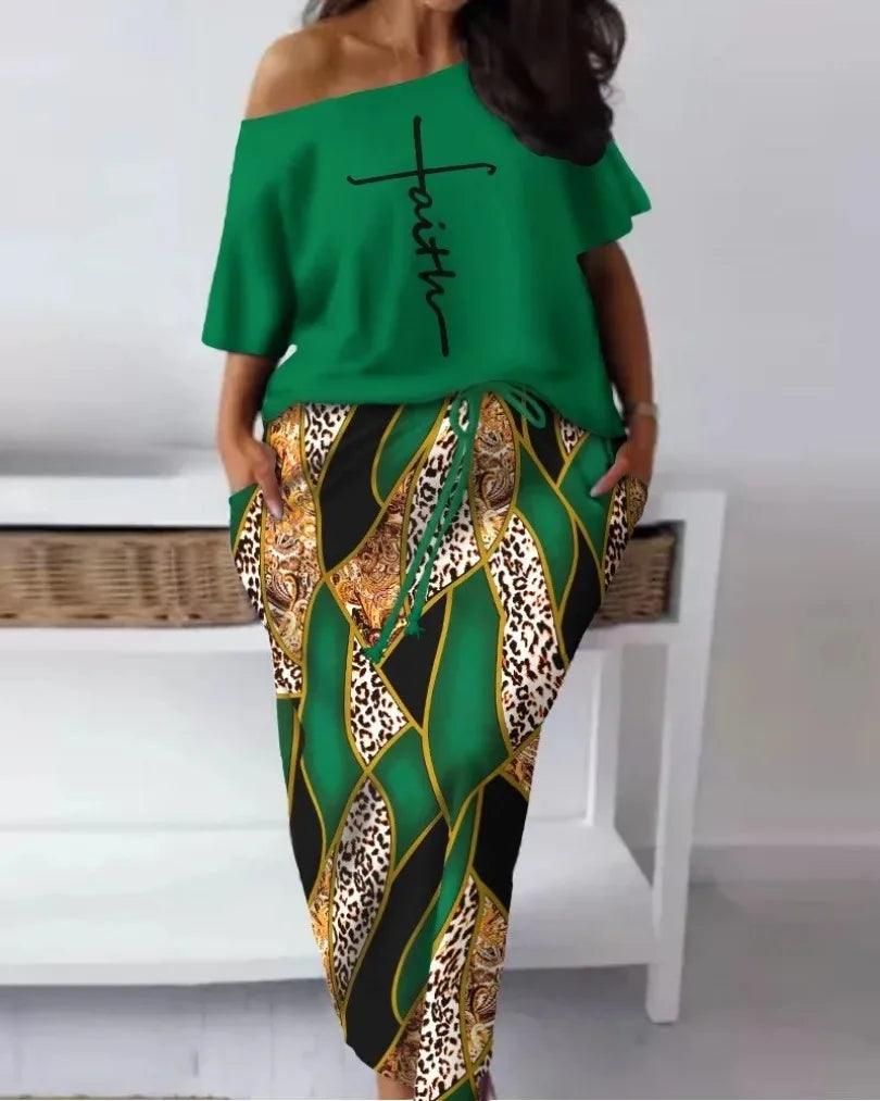 "FAITH" Off Shoulder 1/2 Short Sleeve Ladies Top + Matching Maxi Skirt 2-Piece Set