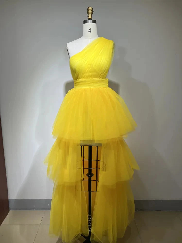 Yellow Pleated Layered Organza Tiered Asymmetrical One Shoulder Prom/Party Formal Dress w/ Train