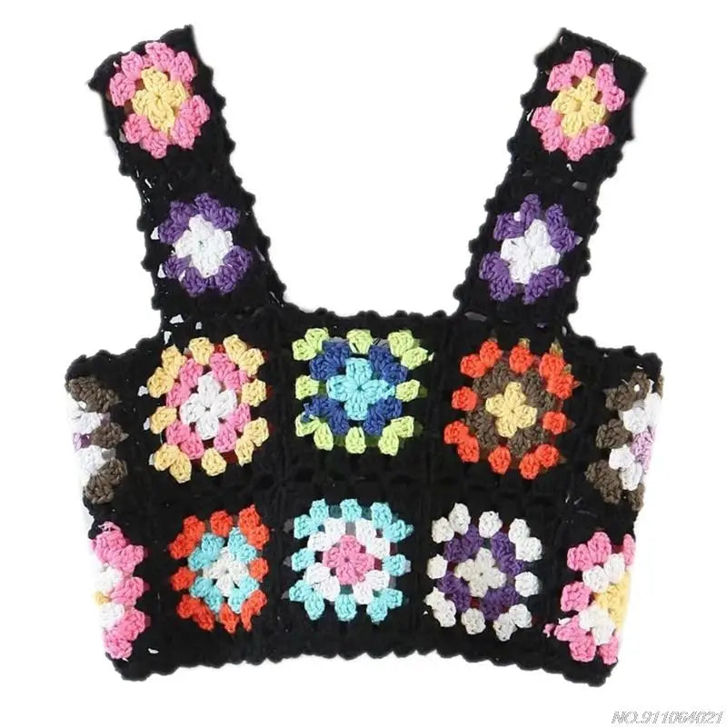 Crochet Multi-Colored Square Flower Design Knitted Square Neck Women's Sleeveless Cropped Tank Top