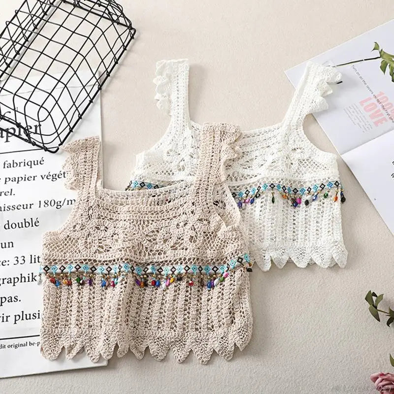 Crochet Multi-Colored Square Flower Design Knitted Square Neck Women's Sleeveless Cropped Tank Top