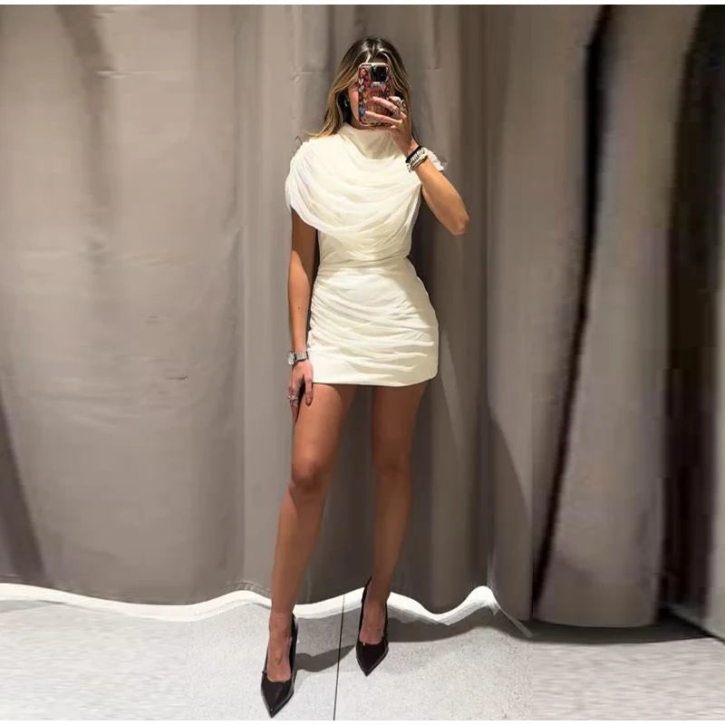 Layered Patchwork Cinched Waist Solid Color Short Sleeve Bodycon Formal Party Dress