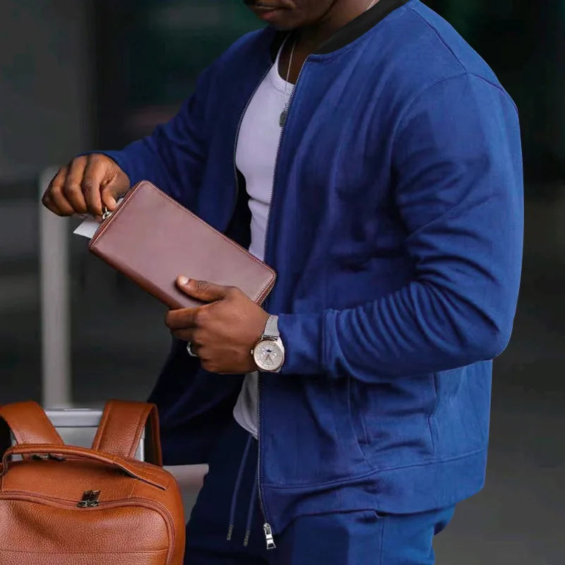 Men's O-Neck Colorblock Bomber Sweat Jacket + Drawstring Jogger Sweatpants Tracksuit