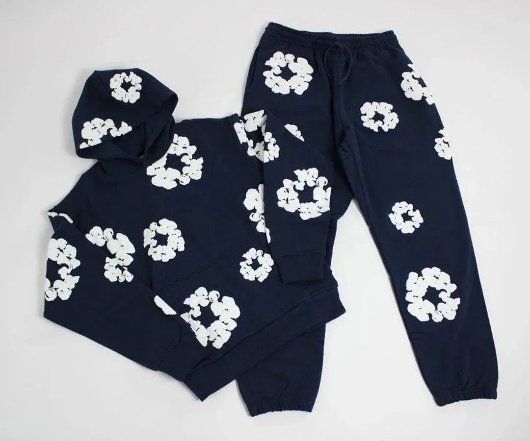 Men's Cotton Big Flower Print Hoodie Sweatshirt + Drawstring Sweatpants Tracksuit