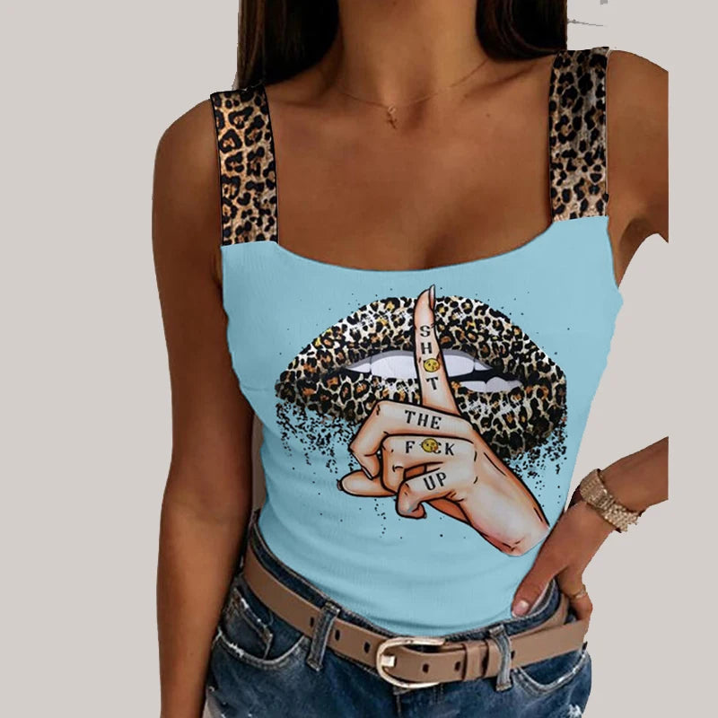 Women's Leopard Strap Lips Print Sleeveless Streetwear Tank Tops