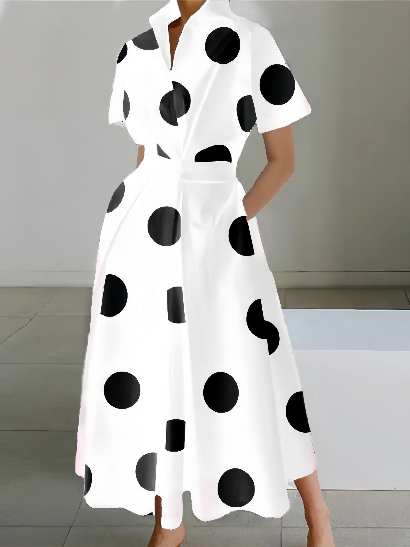 Polka Dot Turn Down Collar Pocketed Shirt Dress