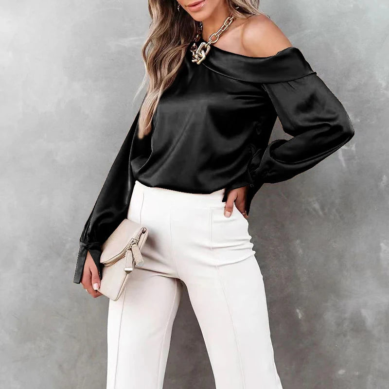 Satin Skew Collar Off Shoulder Long Sleeve Solid Blouse