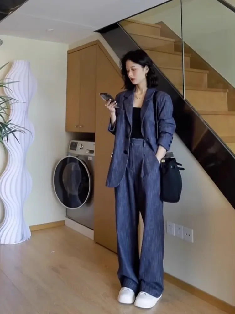 Dark Blue Demin Like Women's Blazer + Loose Pants Suit