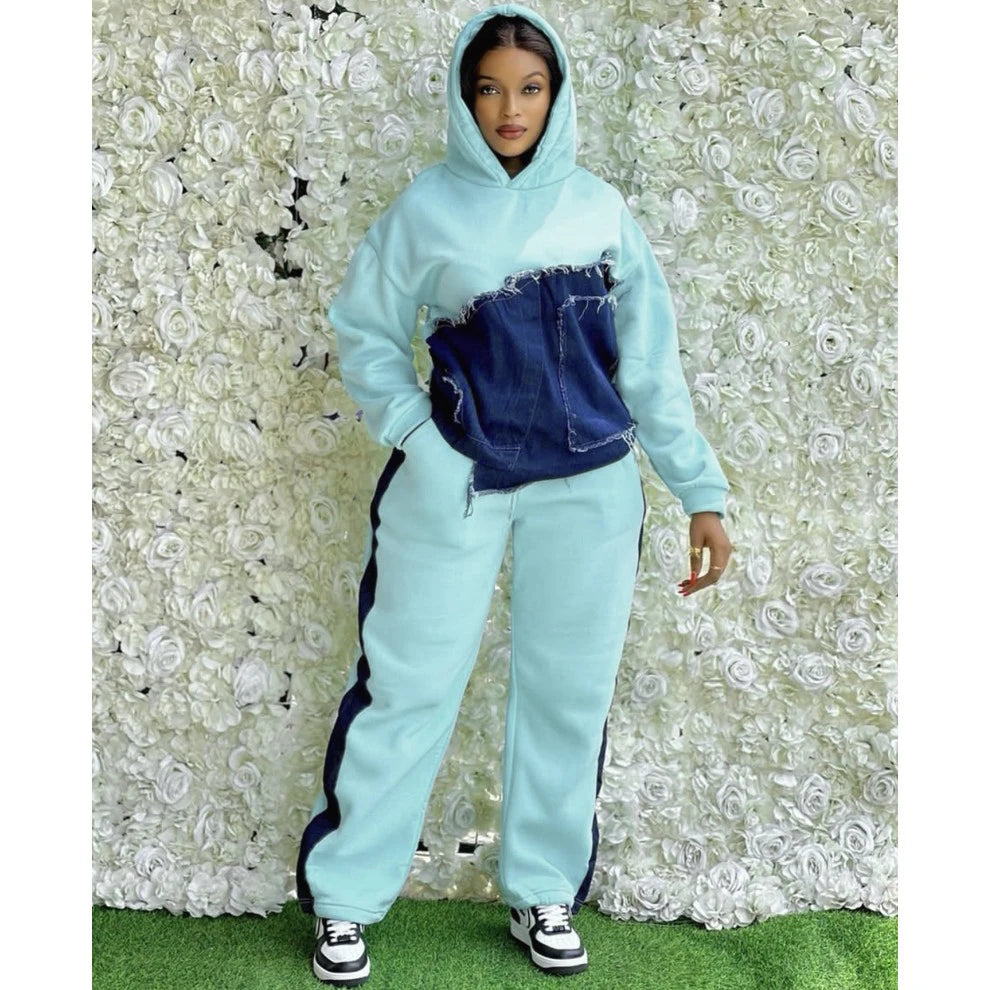 Denim Colorblock Spliced Irregular Patchwork Design Women's Hoodie Sweatshirt + Side Striped Sweatpants Tracksuit
