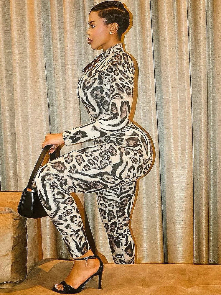Black/Grey Leopard Print Turtleneck Long Sleeve Skin Tight Streetwear Jumpsuit