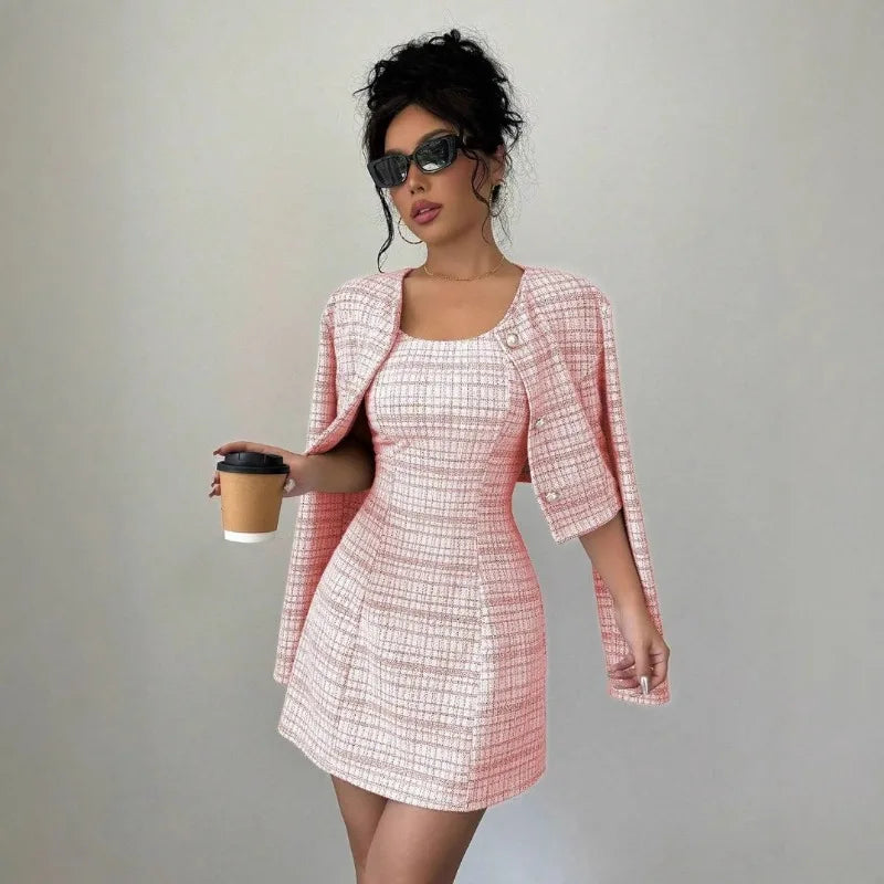 Tweed Plaid Sleeveless Corset Mini Dress w/  O-Neck Blazer Women's Matching 2-Piece Suit