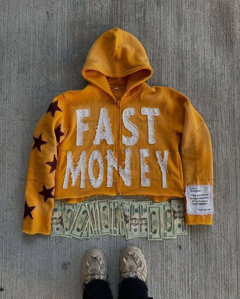 Embroidered #FAST MONEY" Men's Retro Casual Loose Oversized Hip Hop Zipper Hoodie Sweatshirt