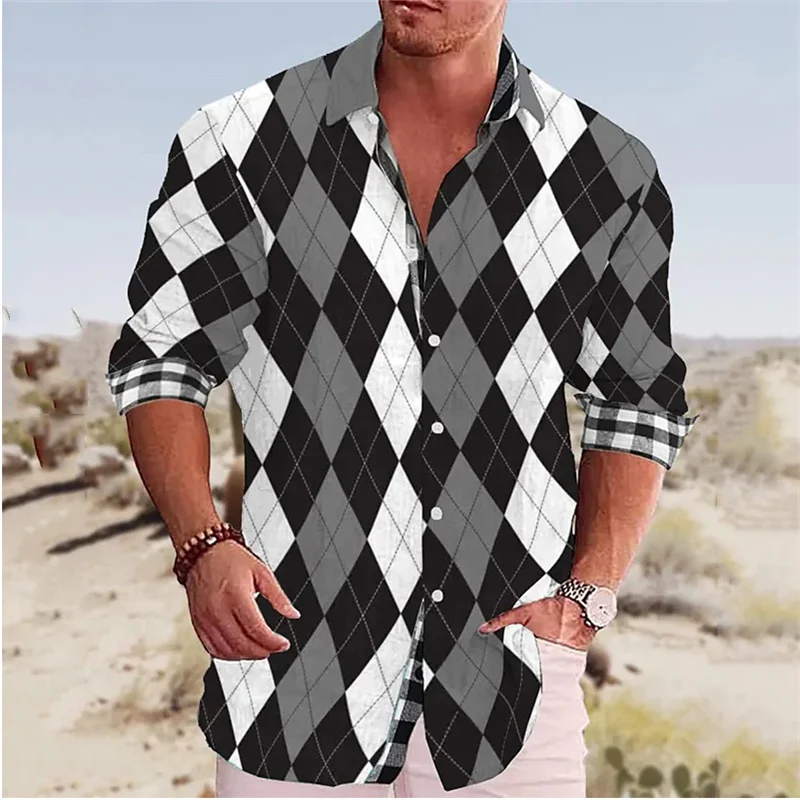 Men's Argyle Plaid/Houndstooth/Gradient Colorblock 3D Print Single Breasted Long Sleeve Stretch Fabric Button-Up Dress Shirt