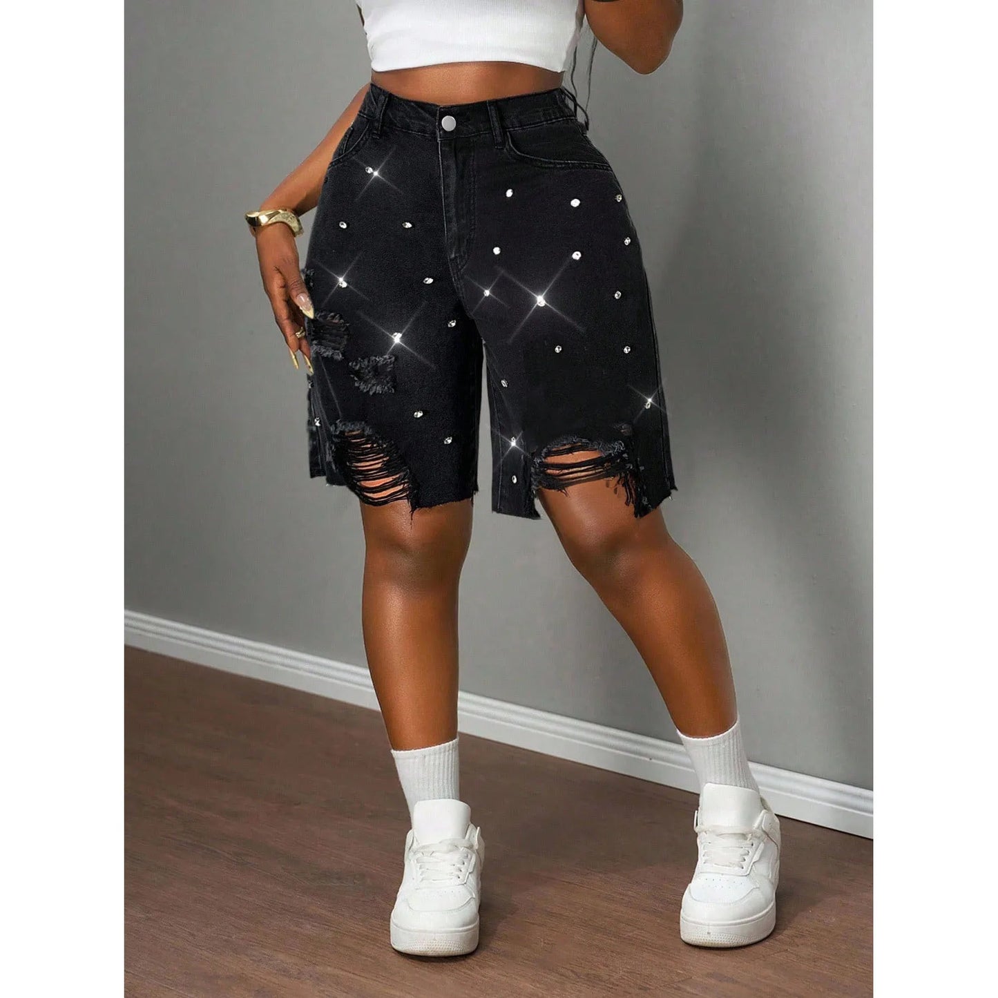 Denim Rhinestone Embellished Black Ripped Knee Length Women's Western Hip-Hop Jean Shorts