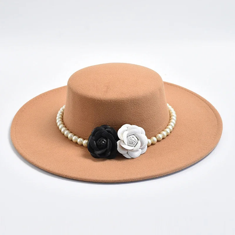 French Rose Flower Pearl Decor Wide Brim Flat Top Felt Derby Fedora Hat