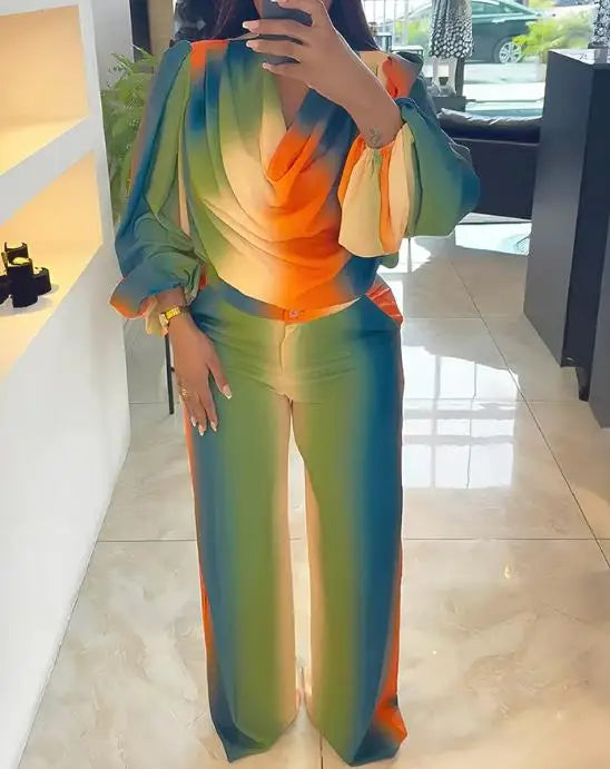 Striped Colorblock Tie-Dye Print Cowl Neck Puff Sleeve Top & Wide Leg Pants Women's 2-Piece Set