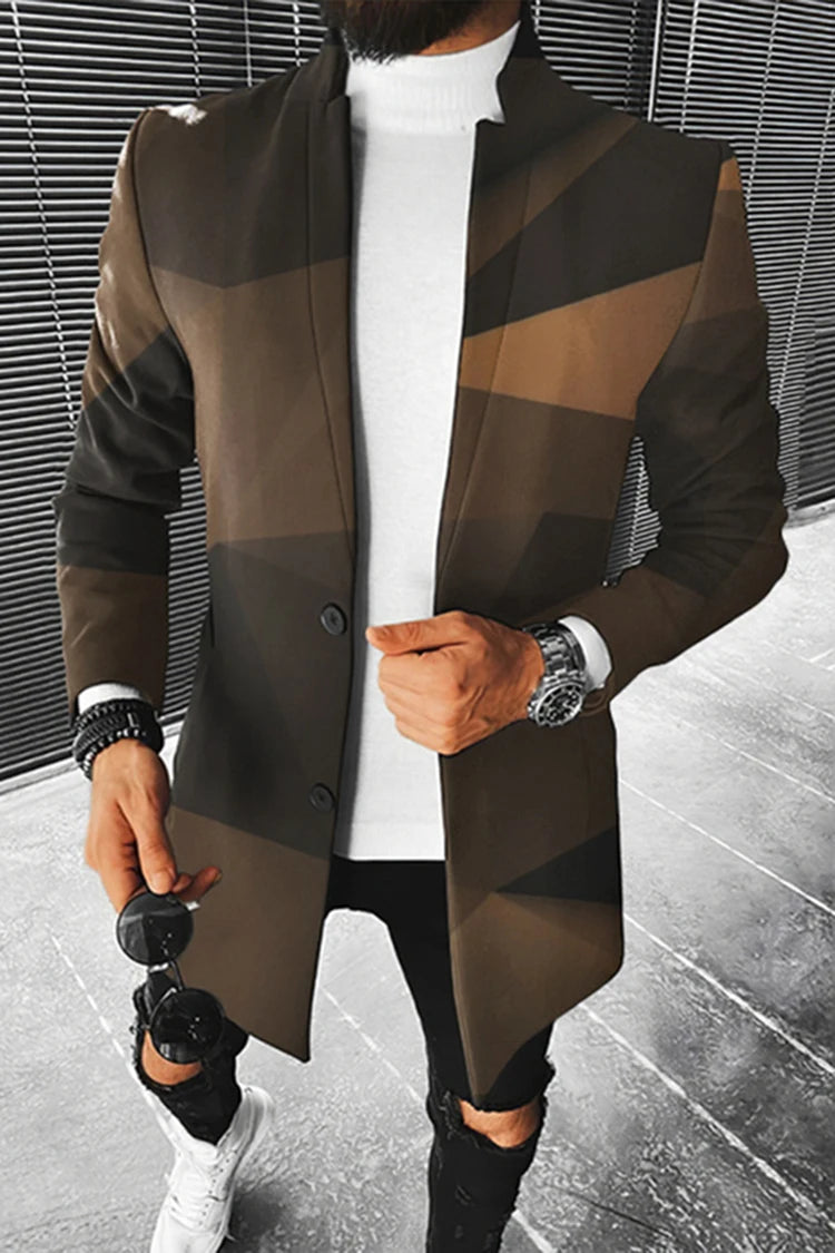 Men's Stand Collar Colorblock/Plaid/Geometric/African 3D Print 3/4 Length Button-Up Jacket 5X Big & Tall