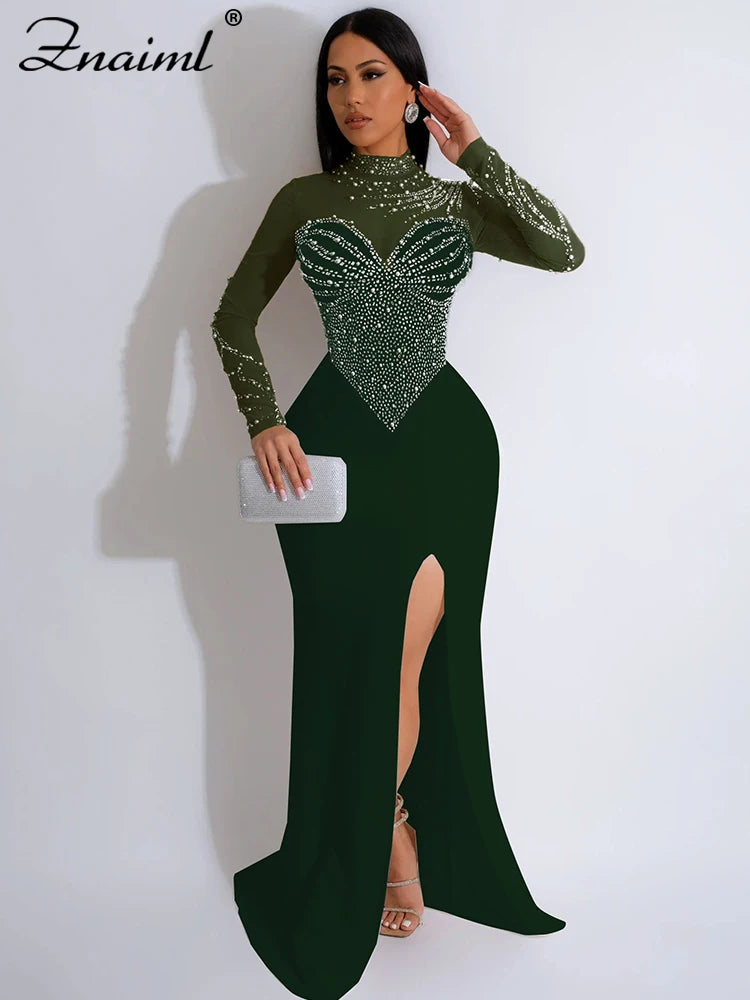 Mesh Sheer Transparent Patchwork Long Sleeve Diamond Rhinestone Mermaid Prom Formal Floor-Length Dress