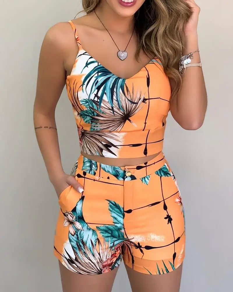 Tropical/Floral/Cherry/Striped Print Women's Crop Tank Top + Matching Shorts 2-Piece Set to 3X Plus Size