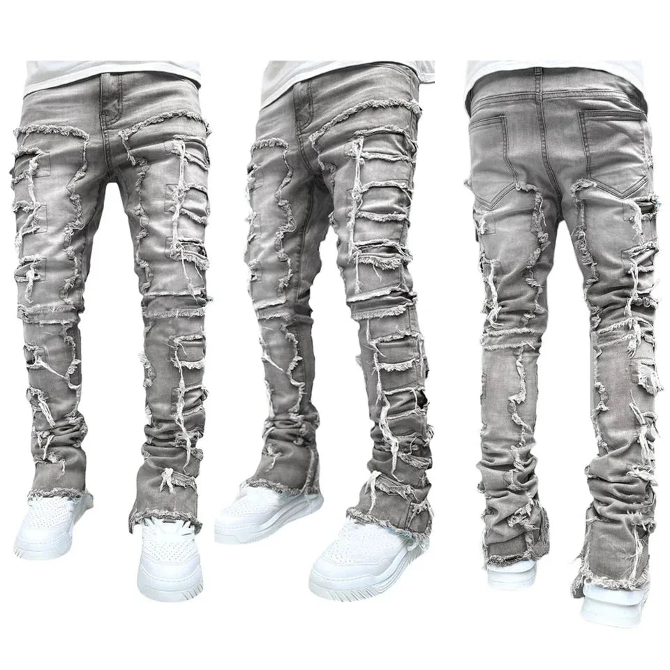 Men's Denim Fringe Ripped Hip-Hop Stretch Stacked Elastic Waist Straight Patchwork Jeans
