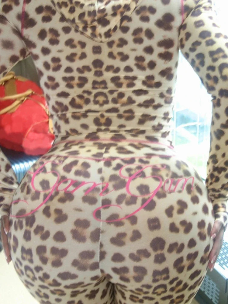 Skinny Leopard Letter Print Women's Crop Hoodie Zipper Jacket + Elastic Waist Flared Leg Stretch Pants Tracksuit