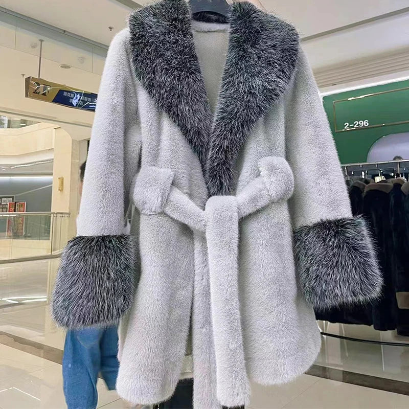 Vintage Solid Color Women's Luxury Faux Fur Oversized Collar Long Sleeve Coat w/ Sash Belt