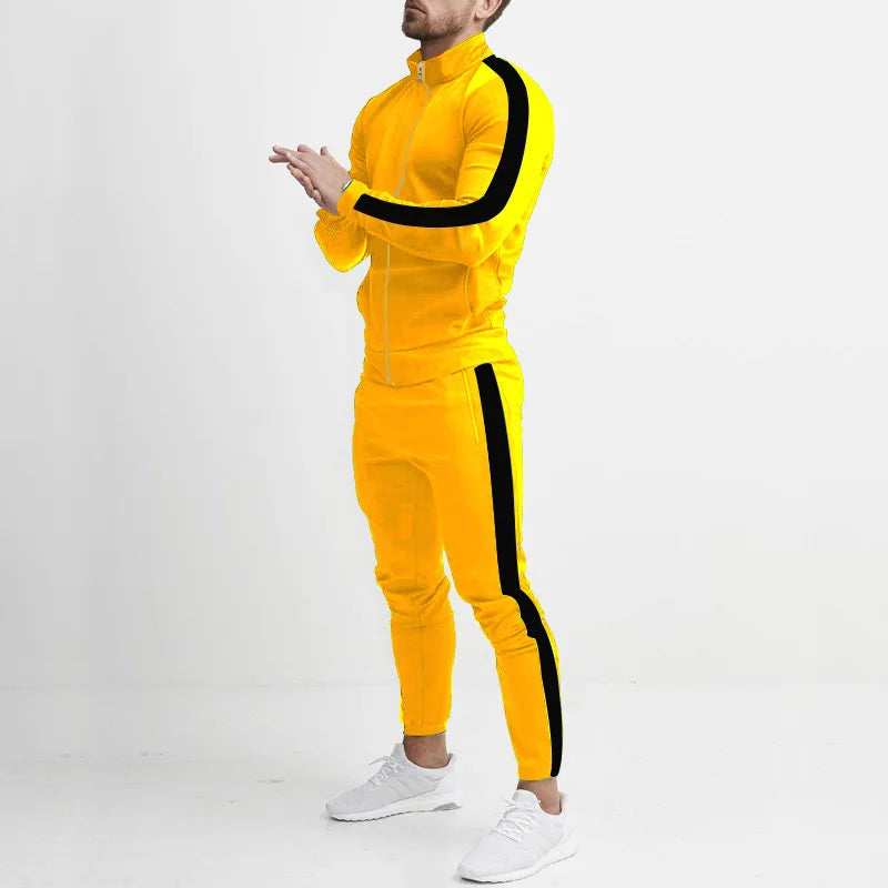Men's Striped Mandarin Collar Fitness Zipper Jacket + Skinny Side Striped Jogger Sweatpants Tracksuit