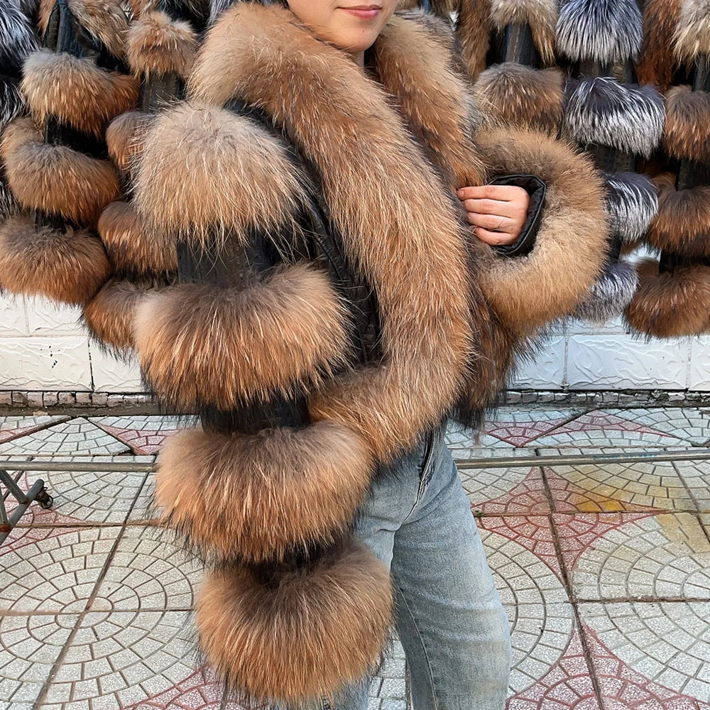 Real Raccoon Fur Hip-Hop Colorblock Design Paneled Women's Streetwear Jacket