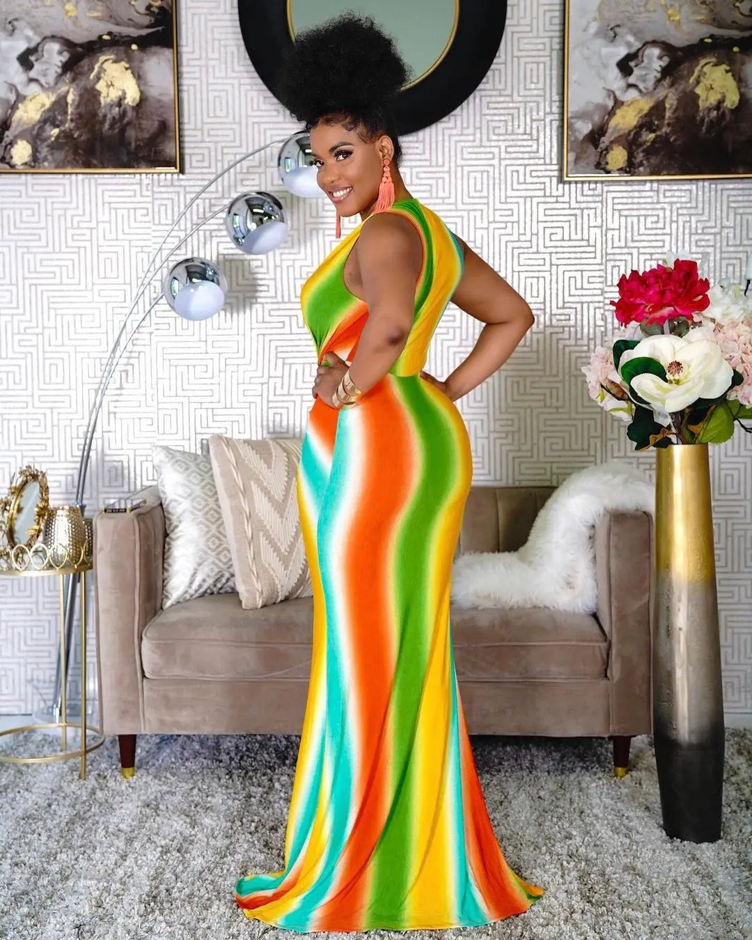 Vintage Pastel Rainbow Colorblock Bohemian Striped Deep V-Neck Backless Maxi Dress