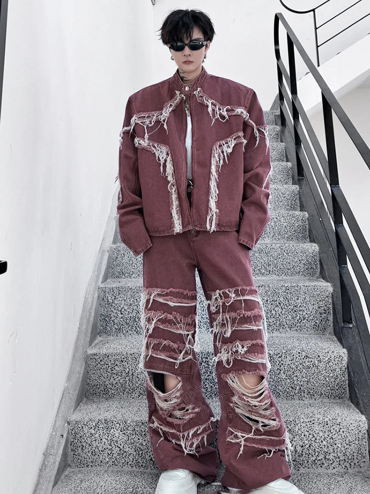 Men's Burgundy/Blue Denim Tassel Fringe Burr Design Jean Jacket + Ripped Hollow-Out Baggy Jeans 2-Piece Sets