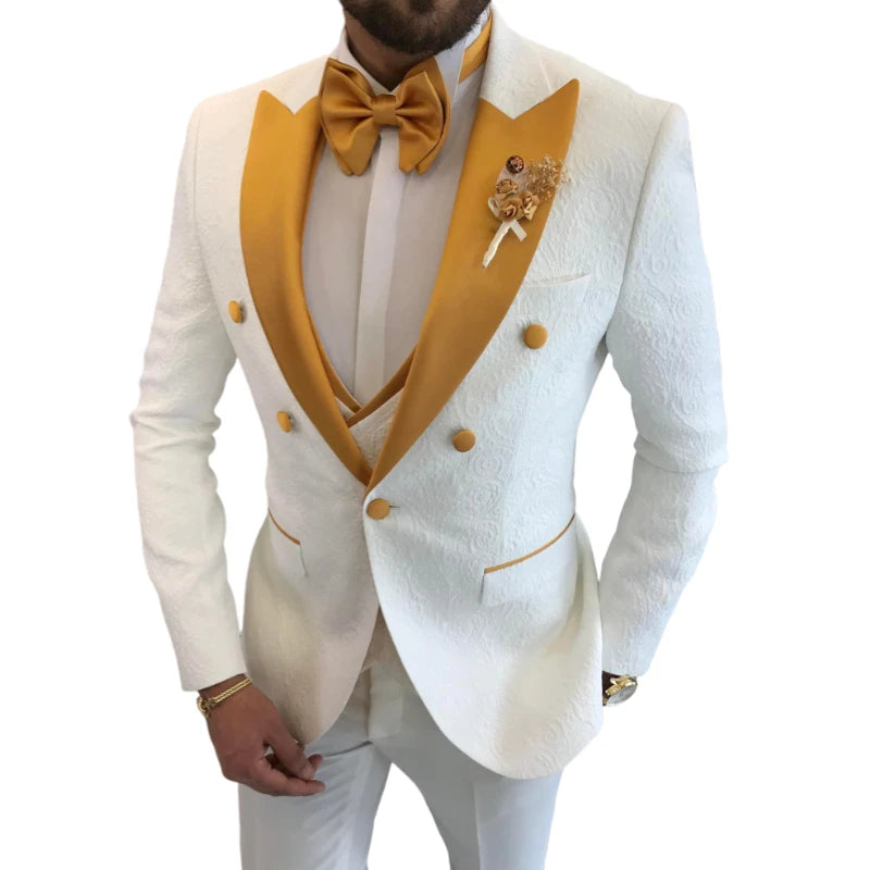 White/Yellow Men's Double Breasted Tuxedo Blazer Jacket with Vest & Pants 3-Piece Formal Prom/Wedding/Party Suit
