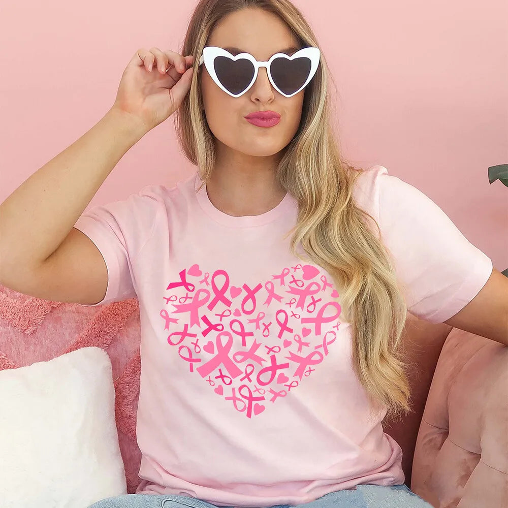Heart Print Women's Pink Ribbon Breast Cancer Awareness T-Shirt