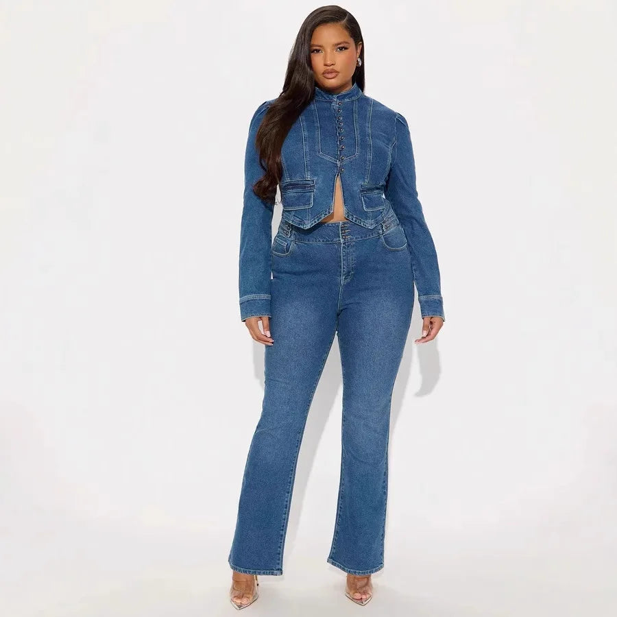 Denim Blue Mandarin Collar Women's Crop Jean Jacket + Jeans Matching 2-Piece Set