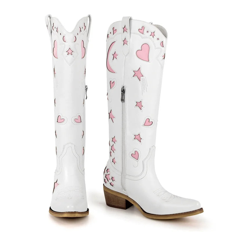 White/Pink Heart Star Moon Embroidered Design Pointed Toe Knee-High Western Side Zipper Cowgirl Rodeo Boots