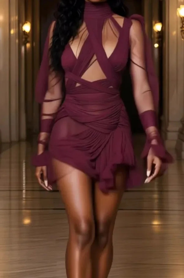 Chiffon Turtleneck Ruffled Irregular Sheer Criss-Cross Pleated Hollow-Out Design Long Sleeve Formal Mini Dress to 3X Plus Size