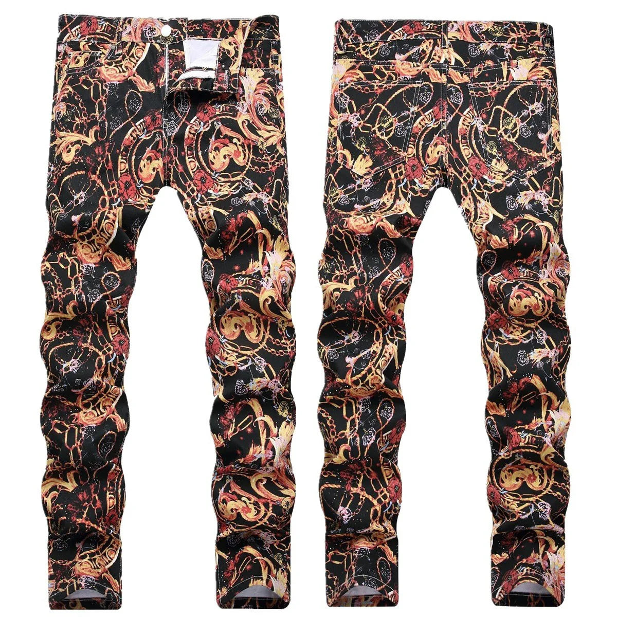 Men's Floral Multi-Colored Baroque Print Ruched Skinny Jeans